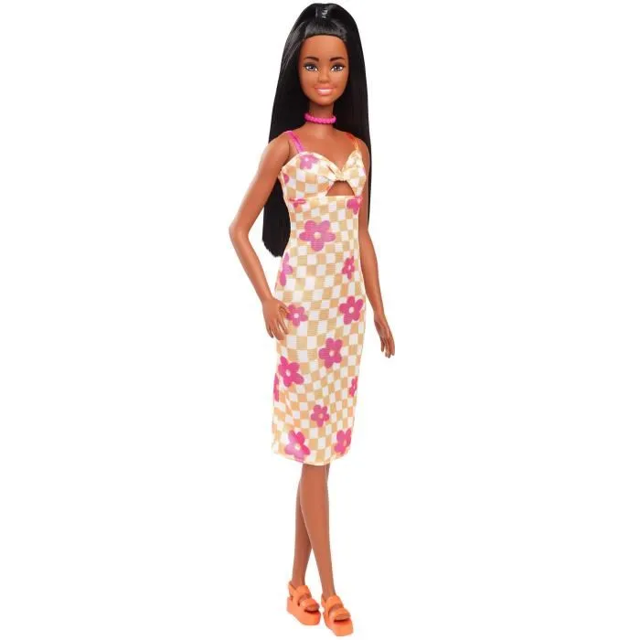 Barbie Poupée Barbie Fashionistas Printemps HYT91, Robe Midi à Carreaux Orange et Blanc, Cheveux Noirs, 3 Ans et Plus