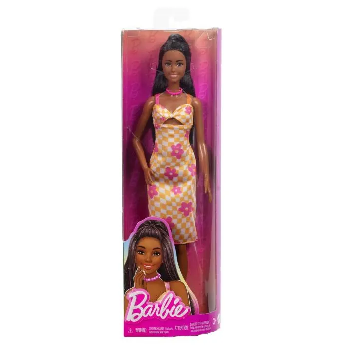 Barbie Poupée Barbie Fashionistas Printemps HYT91, Robe Midi à Carreaux Orange et Blanc, Cheveux Noirs, 3 Ans et Plus