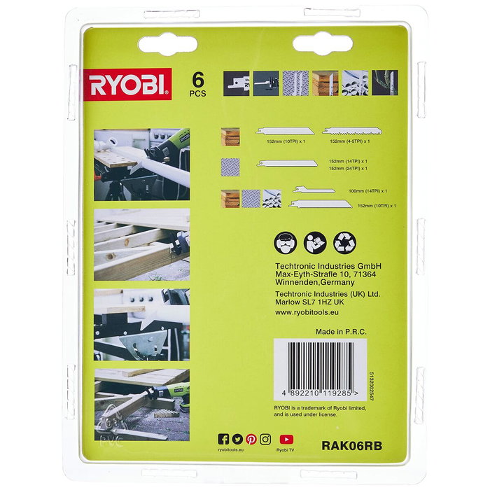 Ryobi RAK06RB Pack de 6 lames de scie sabre universelles bois et métal Ryobi RAK06RB Pack de 6 lames de scie sabre universelles bois et métal