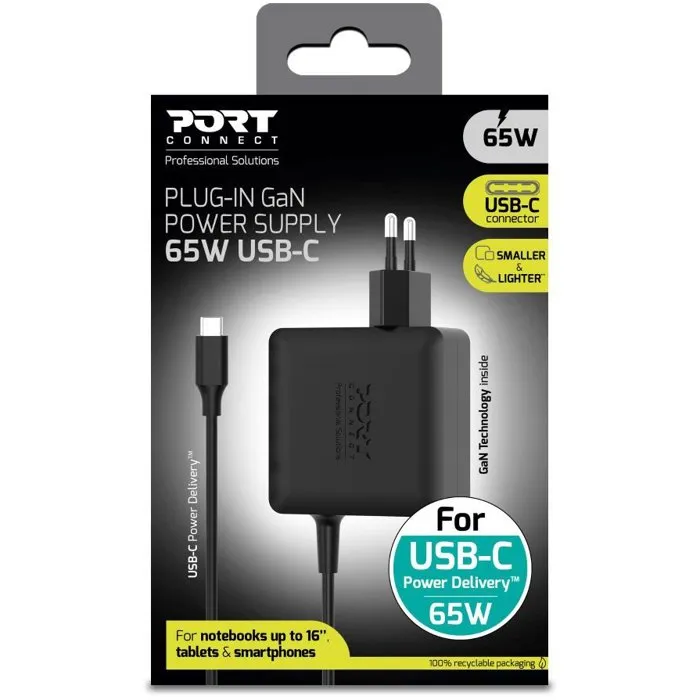 Port Designs GaN2 - Alimentation secteur USB-C 65W pour PC portable, MacBook, tablette et smartphone - Noir - 1,5 m