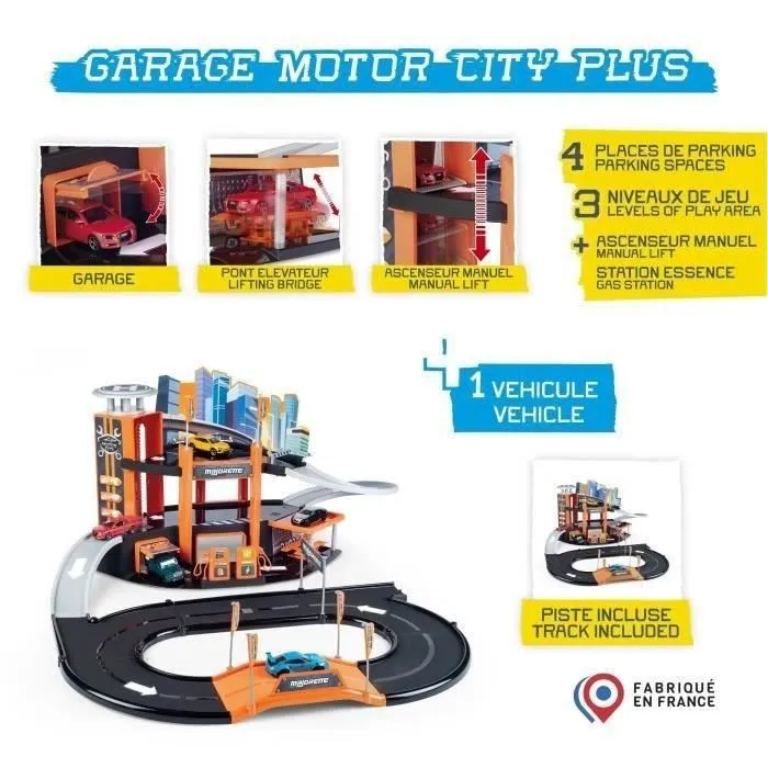 Majorette Garage Motor City Plus - Jouet pour enfants des 3 ans avec 1 véhicule, pompe à essence, ascenseur, atelier, rampe, héliport Majorette Garage Motor City Plus - Jouet pour enfants des 3 ans avec 1 véhicule, pompe à essence, ascenseur, atelier, rampe, héliport