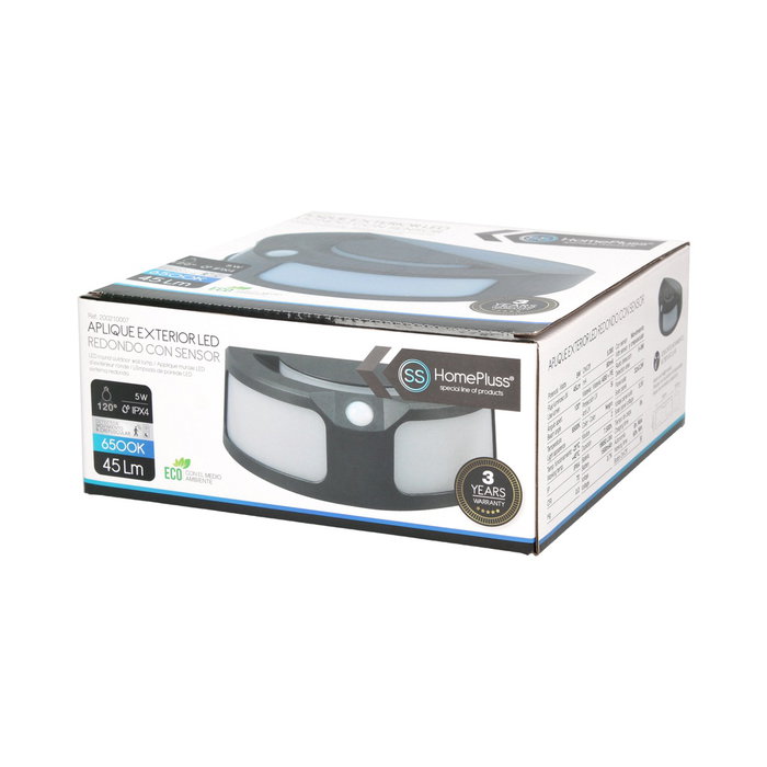 HomePluSS Applique de jardin solaire LED ronde noire avec capteur 5W 6500K