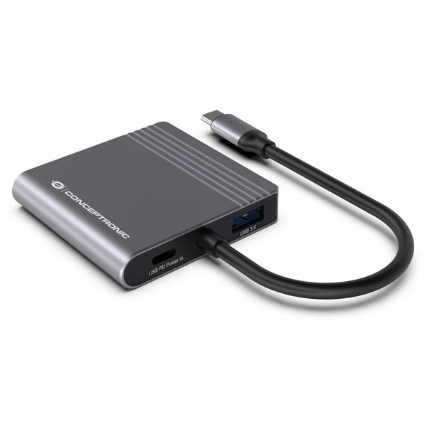 Conceptronic DONN13GR Hub USB-C 4-en-1 avec HDMI, USB-C PD, USB 3.0, 4K 30Hz, Aluminium