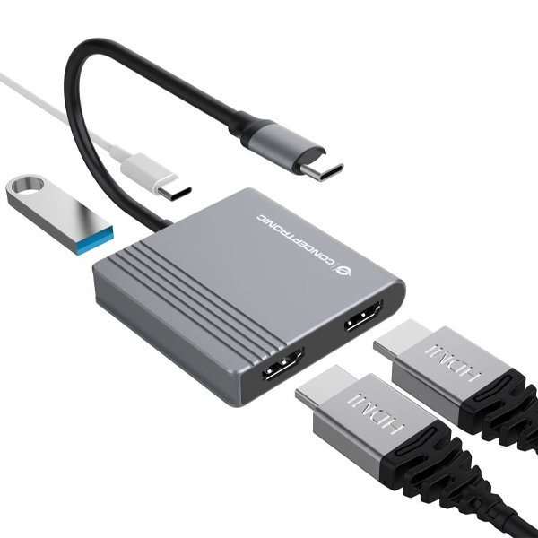 Conceptronic DONN13GR Hub USB-C 4-en-1 avec HDMI, USB-C PD, USB 3.0, 4K 30Hz, Aluminium