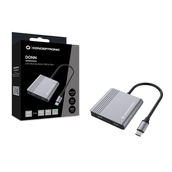 Conceptronic DONN13GR Hub USB-C 4-en-1 avec HDMI, USB-C PD, USB 3.0, 4K 30Hz, Aluminium