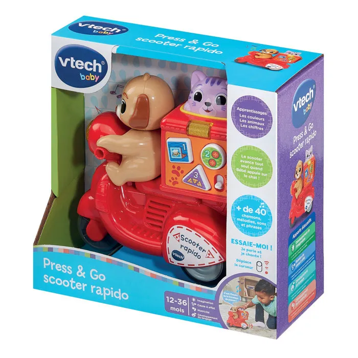 VTech Baby Scooter Press & Go Rapido - Rouge - Scooter interactif avec effets sonores pour enfants de 12 à 36 mois - Découvertes et apprentissages