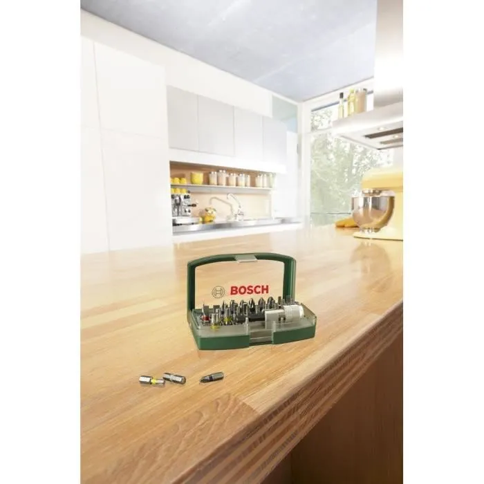 Bosch - Set de 31 embouts de vissage courts avec codage couleur (L25mm, PH/PZ/Plat/HEX/T/Th) et 1 porte-embout magnétique universel - 32 pièces en boîte plastique