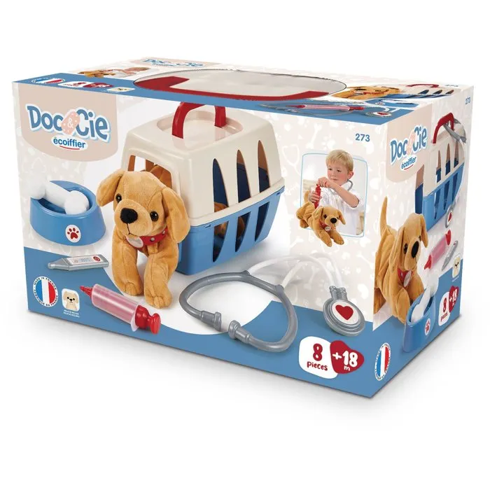 Ecoiffier 273 - Valisette Vétérinaire Médical pour Chien Peluche - 24 cm - Accessoires Stéthoscope, Thermomètre, Seringue - Jouet Fabrication Française - Dès 18 mois