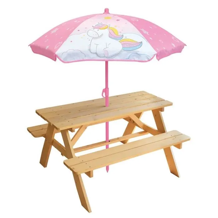 Fun House Table de pique-nique pour enfant thème Licorne en pin avec bancs et parasol - 53 x 95 x 75 cm Fun House Table de pique-nique pour enfant thème Licorne en pin avec bancs et parasol - 53 x 95 x 75 cm