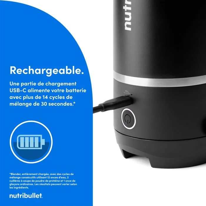 Nutribullet NBP106B - Blender personnel rechargeable USB-C - Flip - 120W - Isotherme - Fonction Pulse - Compact avec poignée - Noir
