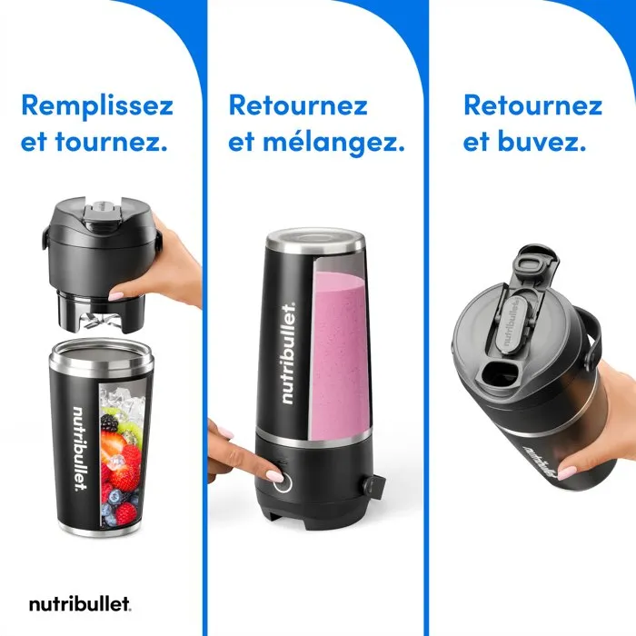 Nutribullet NBP106B - Blender personnel rechargeable USB-C - Flip - 120W - Isotherme - Fonction Pulse - Compact avec poignée - Noir