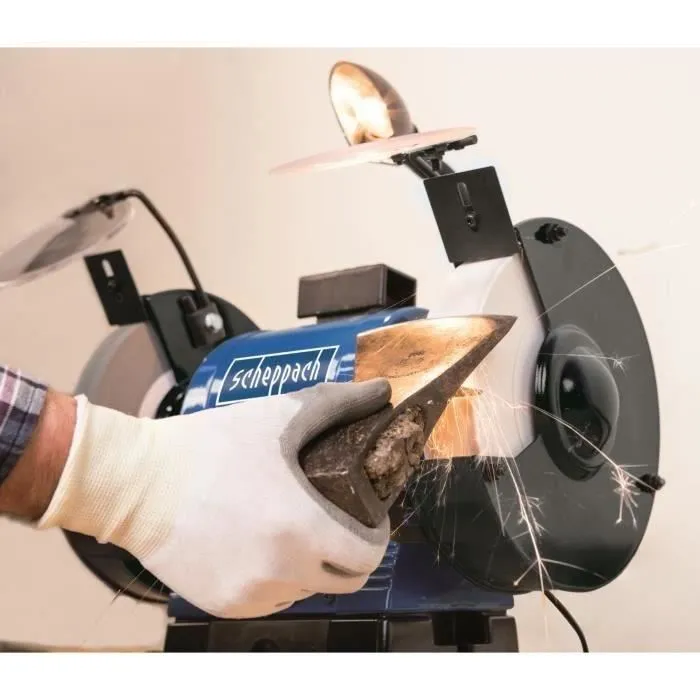 Scheppach BG200AL Touret à meuler avec moteur à induction 550 W et meule 40 mm, pare-éclats, lampe et bac