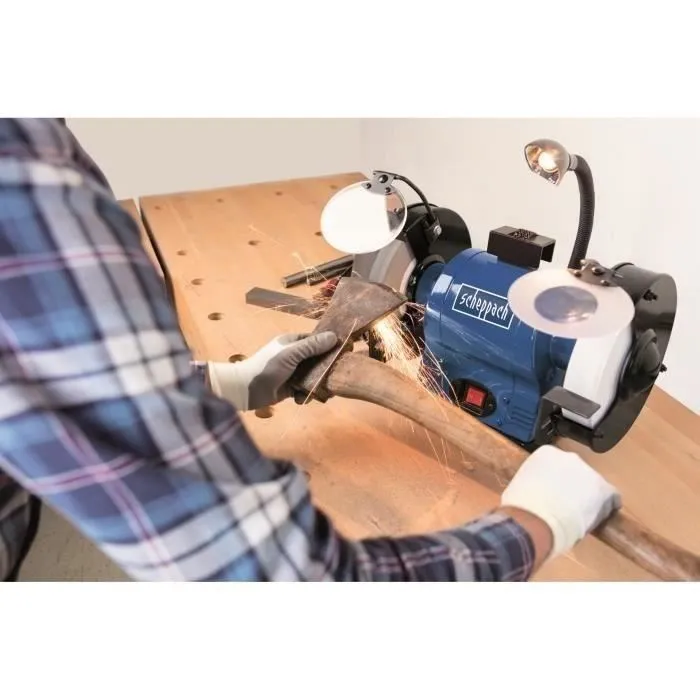 Scheppach BG200AL Touret à meuler avec moteur à induction 550 W et meule 40 mm, pare-éclats, lampe et bac