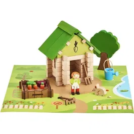 Jeujura Jeu de Construction en Bois 'La Cabane du Jardinier' - 60 Pièces avec Tapis et Accessoires - Jeu Éducatif en Bois Naturel pour Enfants à Partir de 5 Ans