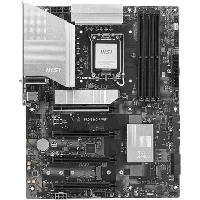 MSI PRO B860-P WiFi Carte Mère ATX, Socket LGA 1851 pour Intel Core Ultra Series 2, DDR5 256 Go Max, Wi-Fi 7, 5 GbE, RAID M.2 MSI PRO B860-P WiFi Carte Mère ATX, Socket LGA 1851 pour Intel Core Ultra Series 2, DDR5 256 Go Max, Wi-Fi 7, 5 GbE, RAID M.2