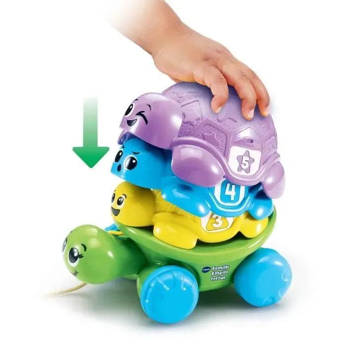 Vtech Baby Famille Empilo Tortue - Jouet d'éveil en plastique réutilisable avec 5 tortues colorées pour bébés de 12 à 36 mois - Apprentissage des émotions, chiffres et couleurs