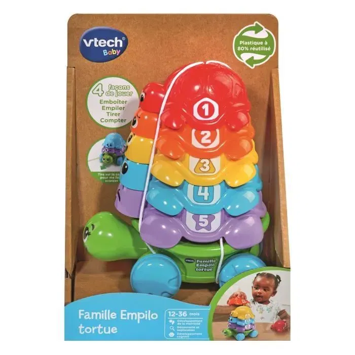 Vtech Baby Famille Empilo Tortue - Jouet d'éveil en plastique réutilisable avec 5 tortues colorées pour bébés de 12 à 36 mois - Apprentissage des émotions, chiffres et couleurs