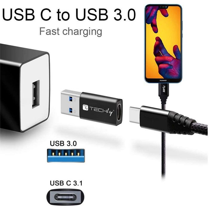 Techly Adaptateur USB 3.0 de Type A Mâle vers Type C Femelle - Convertisseur pour Transfert de Données et Charge - Noir