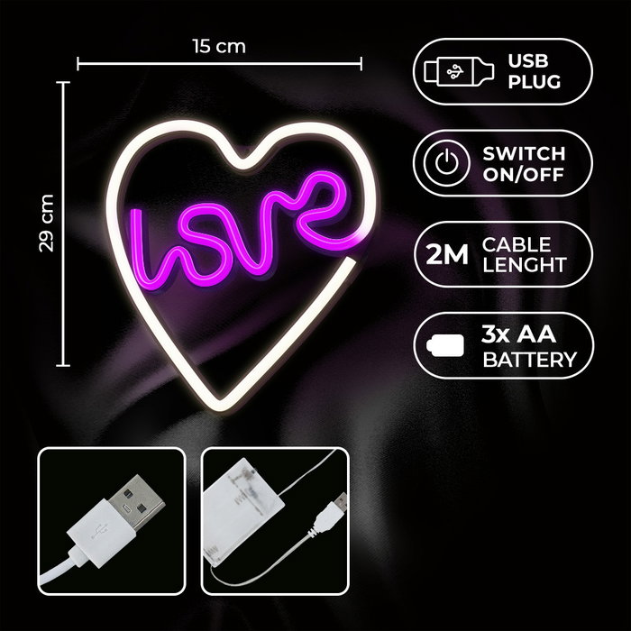 Forever Lampe Néon LED Love Heart Blanc/Violet – Alimentation USB – Décoration Murale