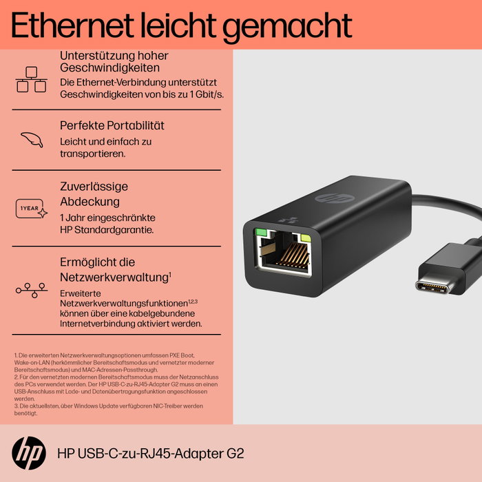HP Adaptateur USB-C vers RJ45 G2 Noir HP Adaptateur USB-C vers RJ45 G2 Noir