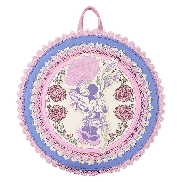 Loungefly Sac à dos Minnie Disney à motif floral, 23 cm, bandoulière réglable rembourrée, détails en dentelle et PU