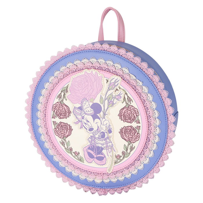 Loungefly Sac à dos Minnie Disney à motif floral, 23 cm, bandoulière réglable rembourrée, détails en dentelle et PU