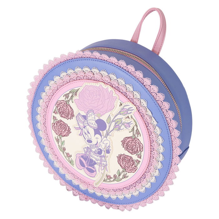 Loungefly Sac à dos Minnie Disney à motif floral, 23 cm, bandoulière réglable rembourrée, détails en dentelle et PU
