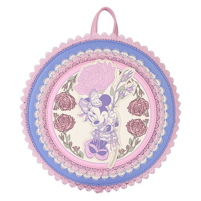 Loungefly Sac à dos Minnie Disney à motif floral, 23 cm, bandoulière réglable rembourrée, détails en dentelle et PU