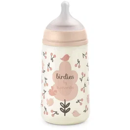 Suavinex Birdies Biberon avec tétine SX Pro à débit moyen, 270 ml, pour bébés de 3 à 6 mois, couleur rose