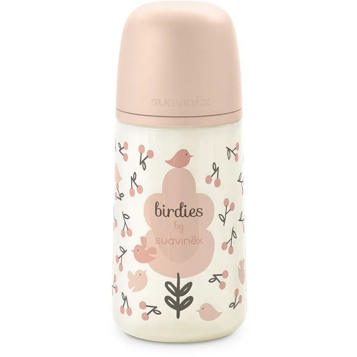 Suavinex Birdies Biberon avec tétine SX Pro à débit moyen, 270 ml, pour bébés de 3 à 6 mois, couleur rose