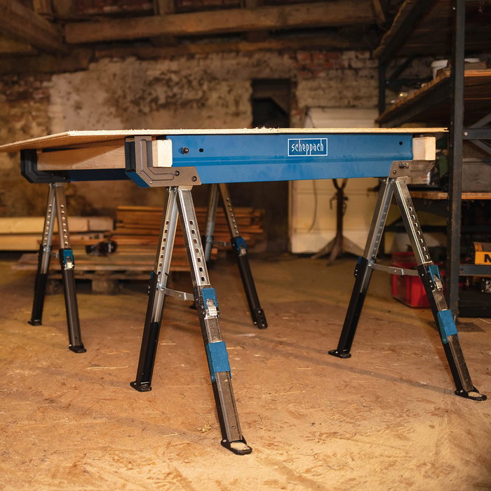 Scheppach MWB600 Lot de 2 Tréteaux de chantier en acier Bleu
