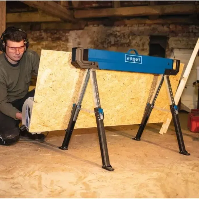 Scheppach MWB600 Lot de 2 tréteaux de chantier en acier - 618 à 820 mm hauteur réglable - Capacité 600 kg par tréteau