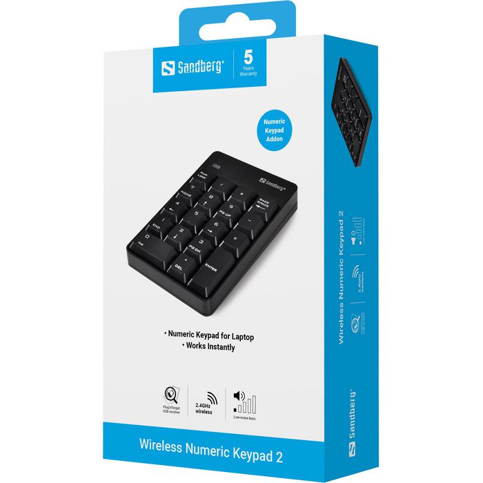 Sandberg Wireless Numeric Keypad 2 - Pavé numérique sans fil pour ordinateur portable avec récepteur USB Plug & Play