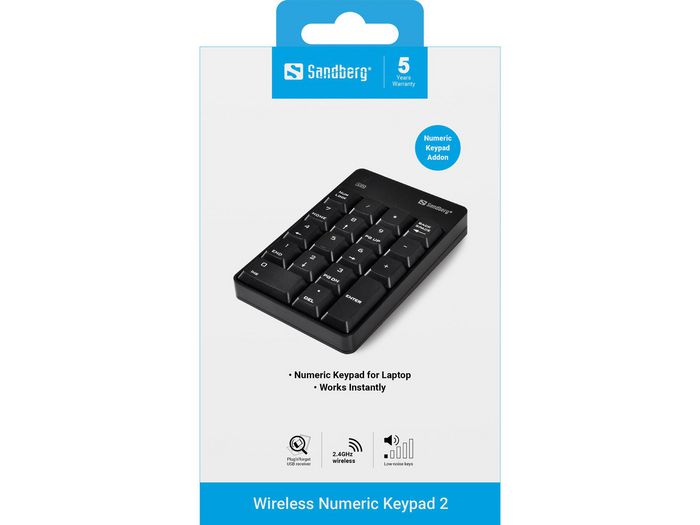 Sandberg Wireless Numeric Keypad 2 - Pavé numérique sans fil pour ordinateur portable avec récepteur USB Plug & Play