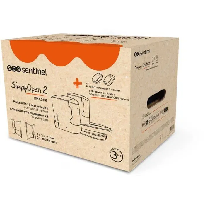 SCS SENTINEL - SimplyOpen 2 - Kit de motorisation pour portail battant 2 vantaux, jusqu'à 200 kg et 5 m par vantail, avec 2 télécommandes