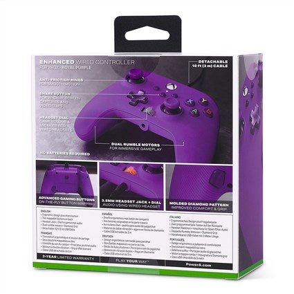 PowerA Manette Xbox avec câble améliorée pour Xbox Series X/S, Xbox One et Windows 10/11 - Deux boutons arrière programmables, vibrations, câble USB 3 m, modèle Purple (1521747-02)