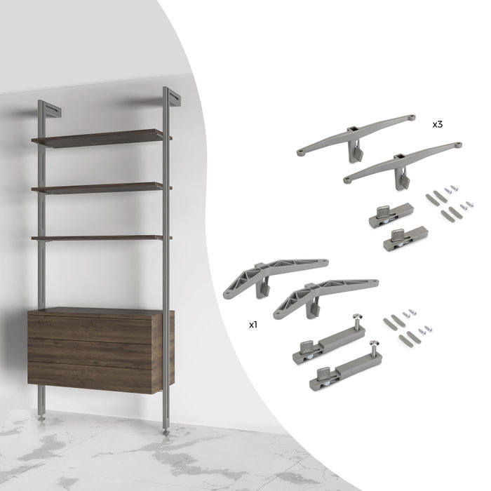 Emuca Kit de supports pour 3 étagères en bois et 1 module pour structure Zero, Zamak, Peint gris pierre Emuca Kit de supports pour 3 étagères en bois et 1 module pour structure Zero, Zamak, Peint gris pierre