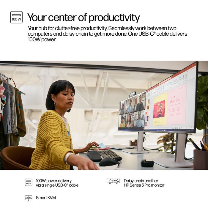 HP 23.8" Series 5 Pro - Écran de conférence FHD USB-C avec IA, webcam 5 Mpx, hub USB-C 100W, dalle IPS, HP Eye Ease (Modèle 524pm)