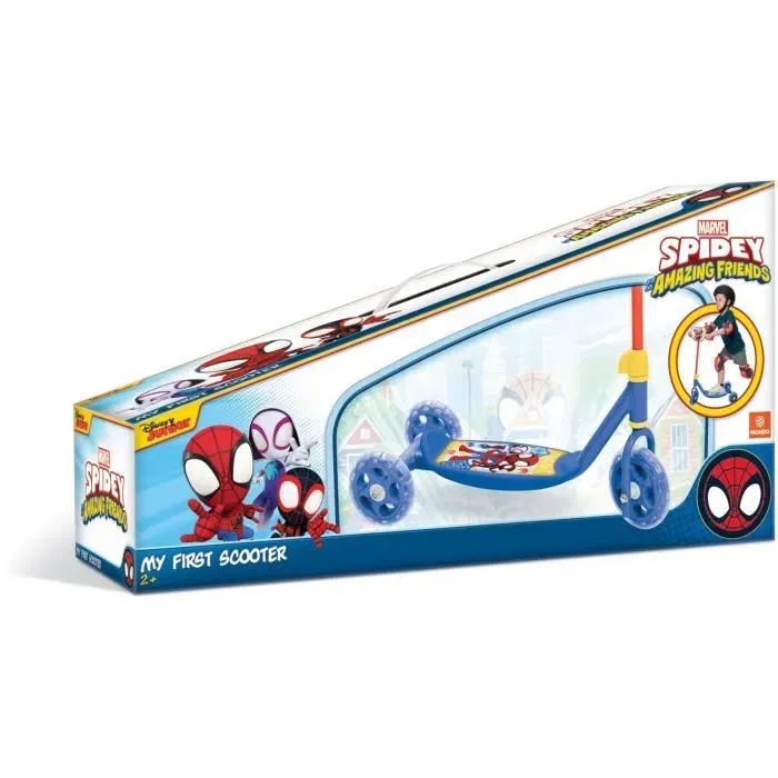 MONDO Trottinette 3 Roues Spidey pour Enfants, Roues 14/12 cm en PVC, Structure Acier, Capacité 20 kg, Deck Plastique Antidérapant