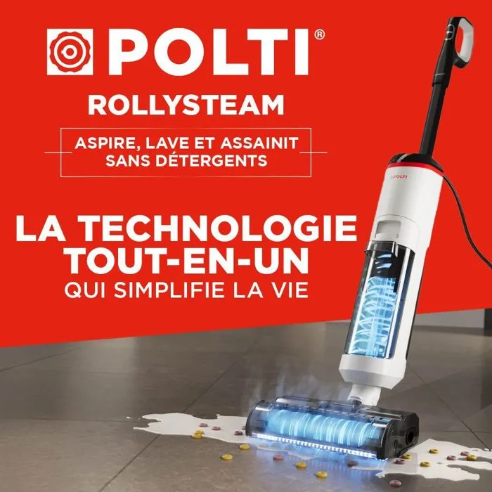 Polti RollySteam WD10 - Aspirateur laveur à vapeur filaire, brosse rotative avec LED, fonction auto-nettoyage et séchage automatique