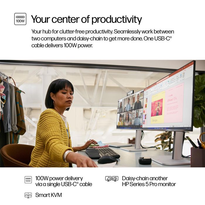 HP Series 5 Pro - Écran de conférence 23.8 pouces FHD USB-C 100 W avec webcam IA Poly Studio, réglage ergonomique quadridirectionnel et design durable HP Series 5 Pro - Écran de conférence 23.8 pouces FHD USB-C 100 W avec webcam IA Poly Studio, réglage ergonomique quadridirectionnel et design durable