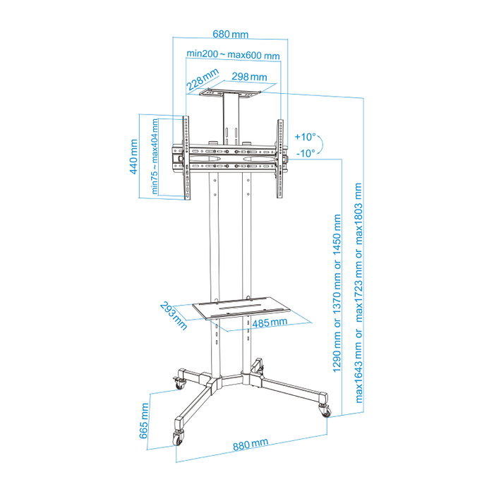 Tooq Support Sol TV 37-70 Pouces, Inclinable +10/-10°, Plateau DVD et Caméra, Roulettes avec Blocage, Noir, VESA 200×200 à 600×400