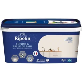 Ripolin Peinture Cuisine & Salle de Bain 2 L Beige Makuria - Effet Perlant Antitaches, Anti-moisissures, Biosourcée, Fabrication Française - Pour Murs, Boiseries, Plafonds