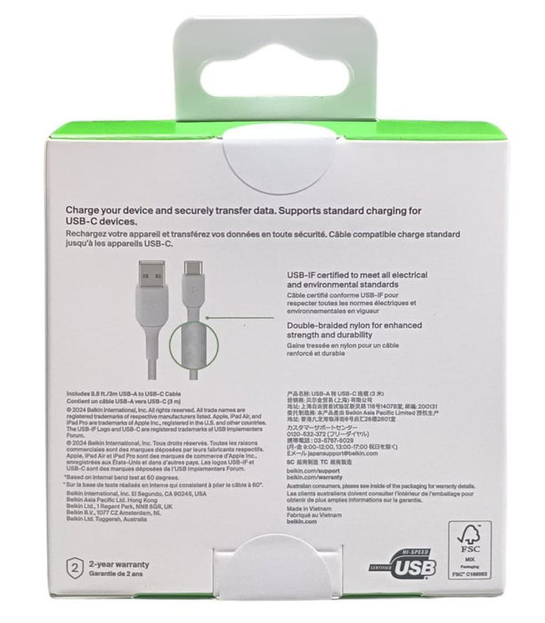Belkin CAB002BT3MWH Cable USB-A vers USB-C Tressé 3 m Blanc Belkin CAB002BT3MWH Cable USB-A vers USB-C Tressé 3 m Blanc