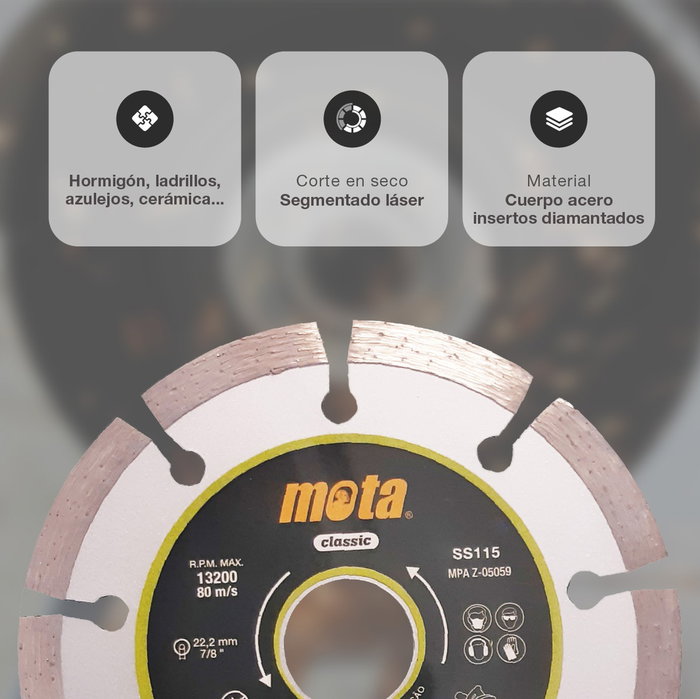 Mota Disco de diamante corte en seco segmentado láser 115mm