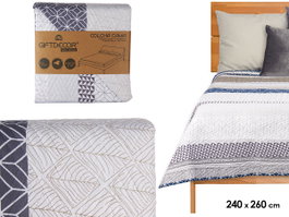GIFTDECOR Couvre-lit Réversible Hexagones 240x260 Bleu-Blanc-Gris