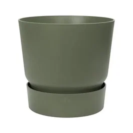 Elho Pot de fleurs rond extérieur Greenville 30, Ø 29.5 x H 27.8 cm, vert feuille, plastique recyclé résistant au gel avec réservoir d'eau