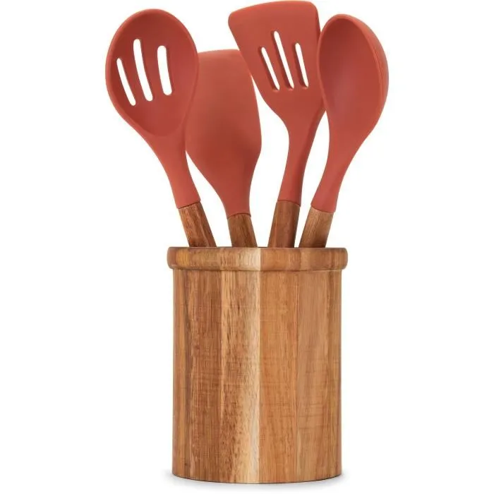 Livoo MES153 - Set de 4 ustensiles de cuisine en silicone de 31 cm avec pot en acacia FSC 15 x 12 cm Livoo MES153 - Set de 4 ustensiles de cuisine en silicone de 31 cm avec pot en acacia FSC 15 x 12 cm