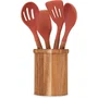 Livoo MES153 - Set de 4 ustensiles de cuisine en silicone de 31 cm avec pot en acacia FSC 15 x 12 cm