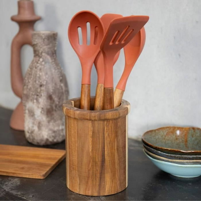 Livoo Set d'ustensiles de cuisine MES153 Orange, 5 pièces avec pot en acacia FSC